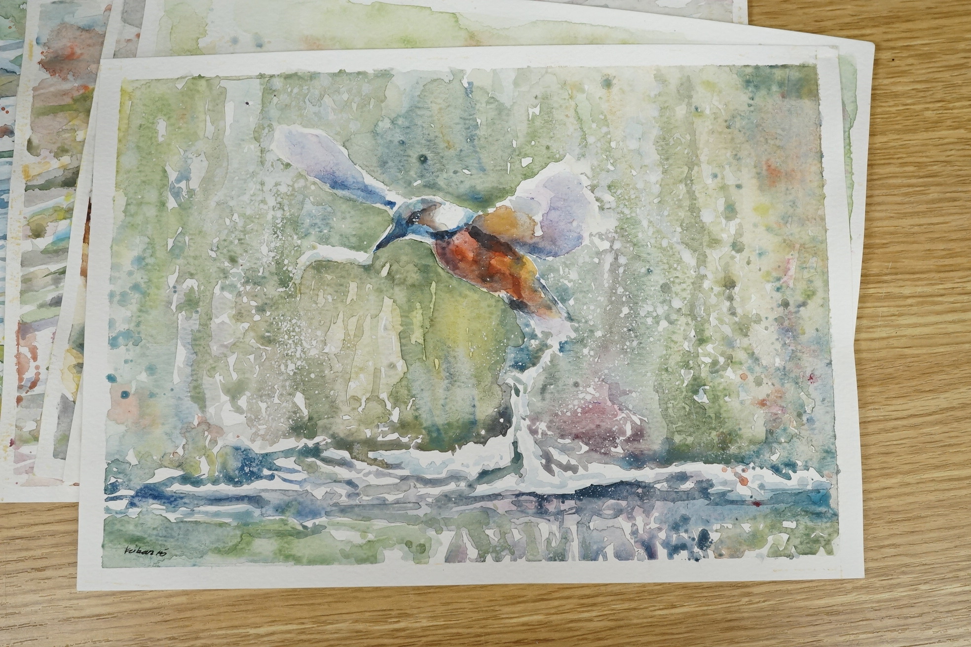 Baris Ali Kibar (Contemporary), ten watercolours on card, Wildlife to include ducks, horses, kingfisher and African wildlife, some signed, unframed, 21 x 29cm. Condition - fair